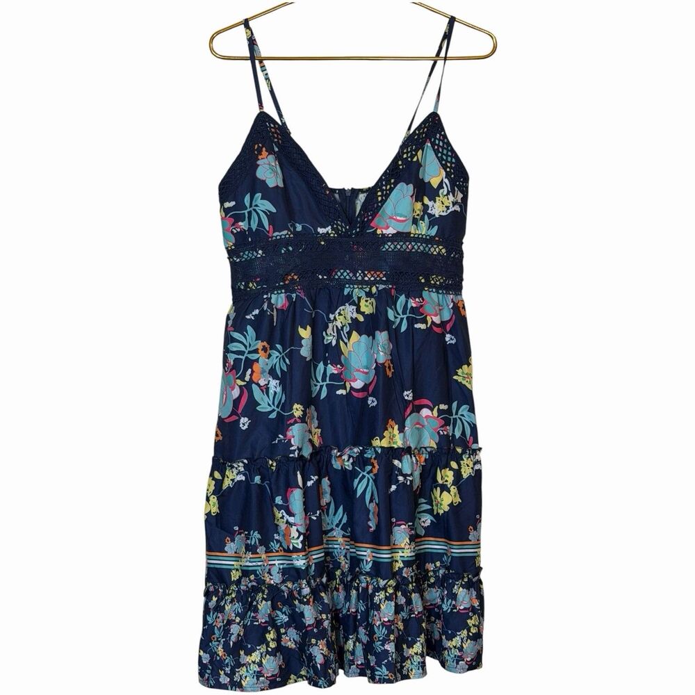 Boho Babydoll Dress Womens XL Navy Floral Empire Waist Tiered Sundress Festival - Picture 2 of 10